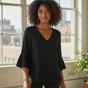 KAREN KANE Black Chiffon Crossover Hem Blouse M Top Shirt Ruffle Bell Sleeves